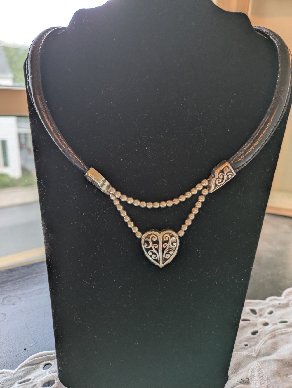 Brighton Vintage Silver Filagree Heart & Black Leather Choker Style Necklace